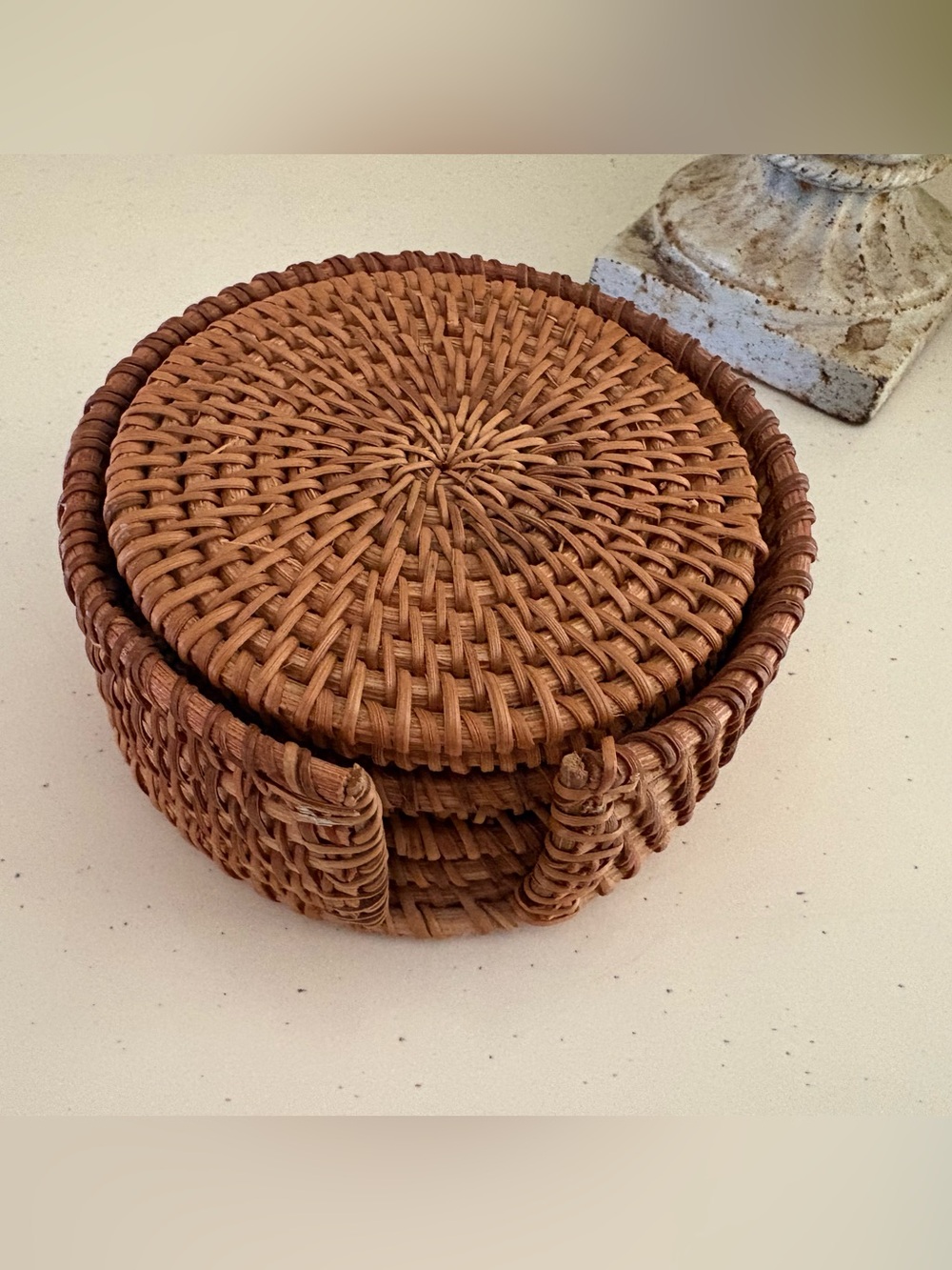 Handwoven Round Rattan Coaster Set - Honey Brown